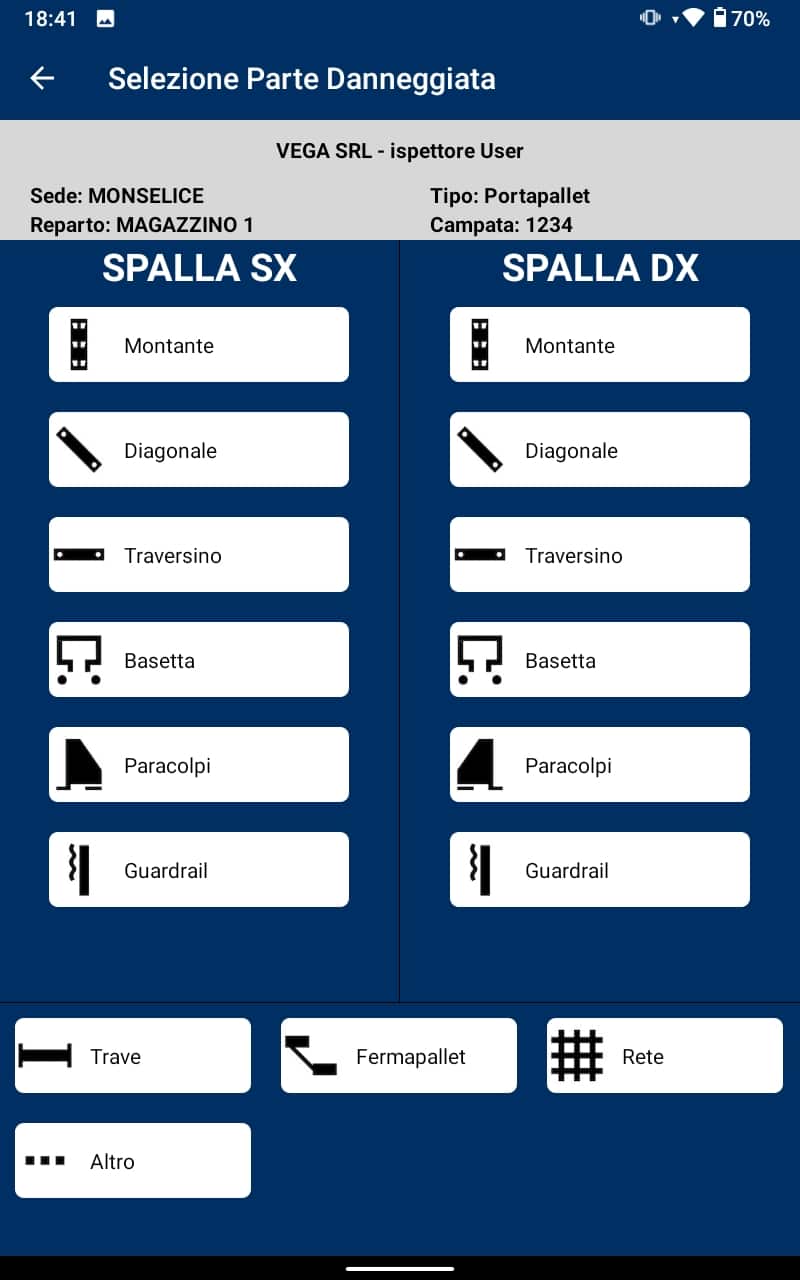 Schermata App VEGA Rack Report con controllo anomalie delle scaffalature