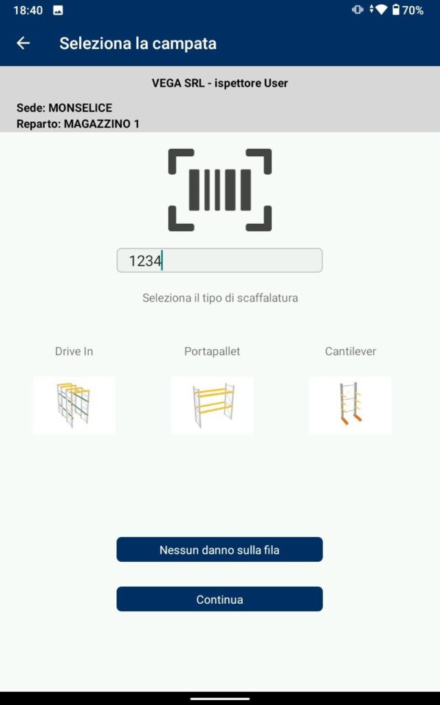 Schermata app VEGA Rack Report con scansione barcode